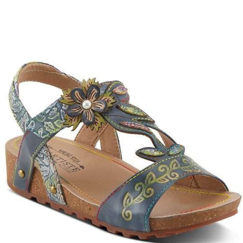 L'Artiste Blue Velco Sandal Floral Pattern - Hand Painted Leather